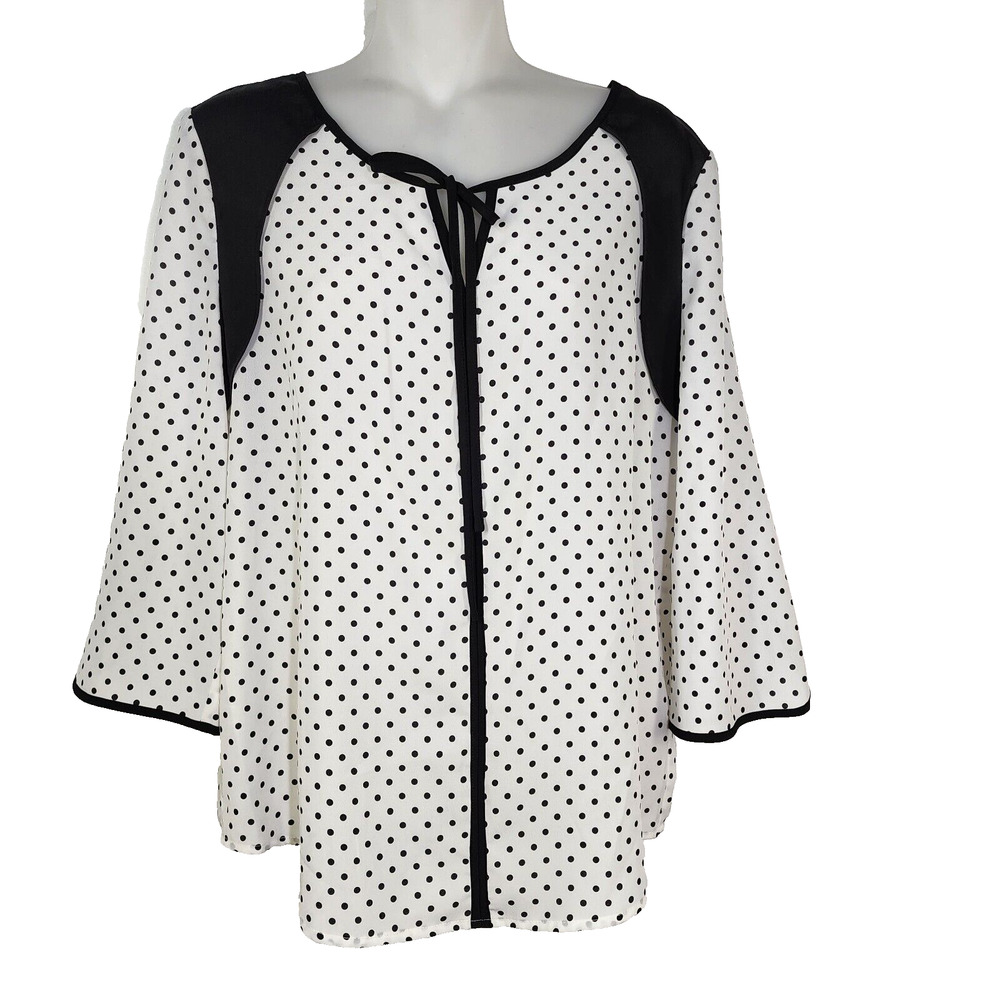 41Hawthorn Stitch Fix Blouse Womens Medium Monah Piping Trim Polka Dots Tie Neck